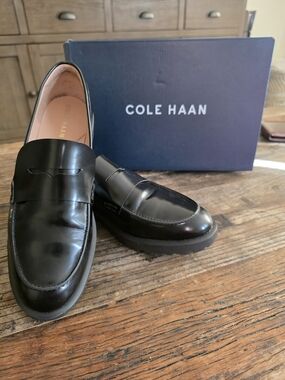 Cole Haan Black Leather Penny Loafers Lug Sole